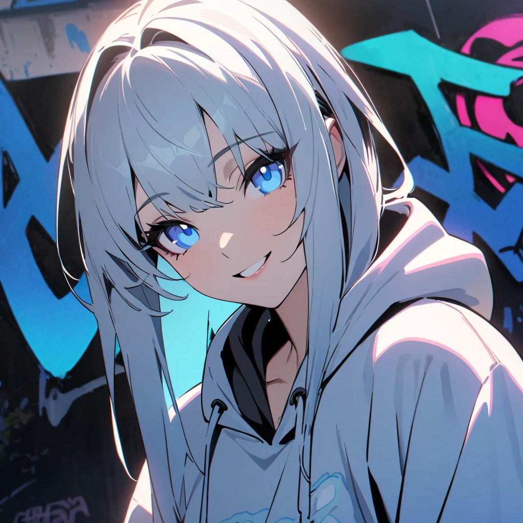 masterpiece,   top quality , 8k,  detailed background , masterpiece,   top quality , smile,  t 私 ,   hoodie,  portrait,  neon blue,  graffiti,  dark,   knight , 輝く瞳,   black light,Shen He