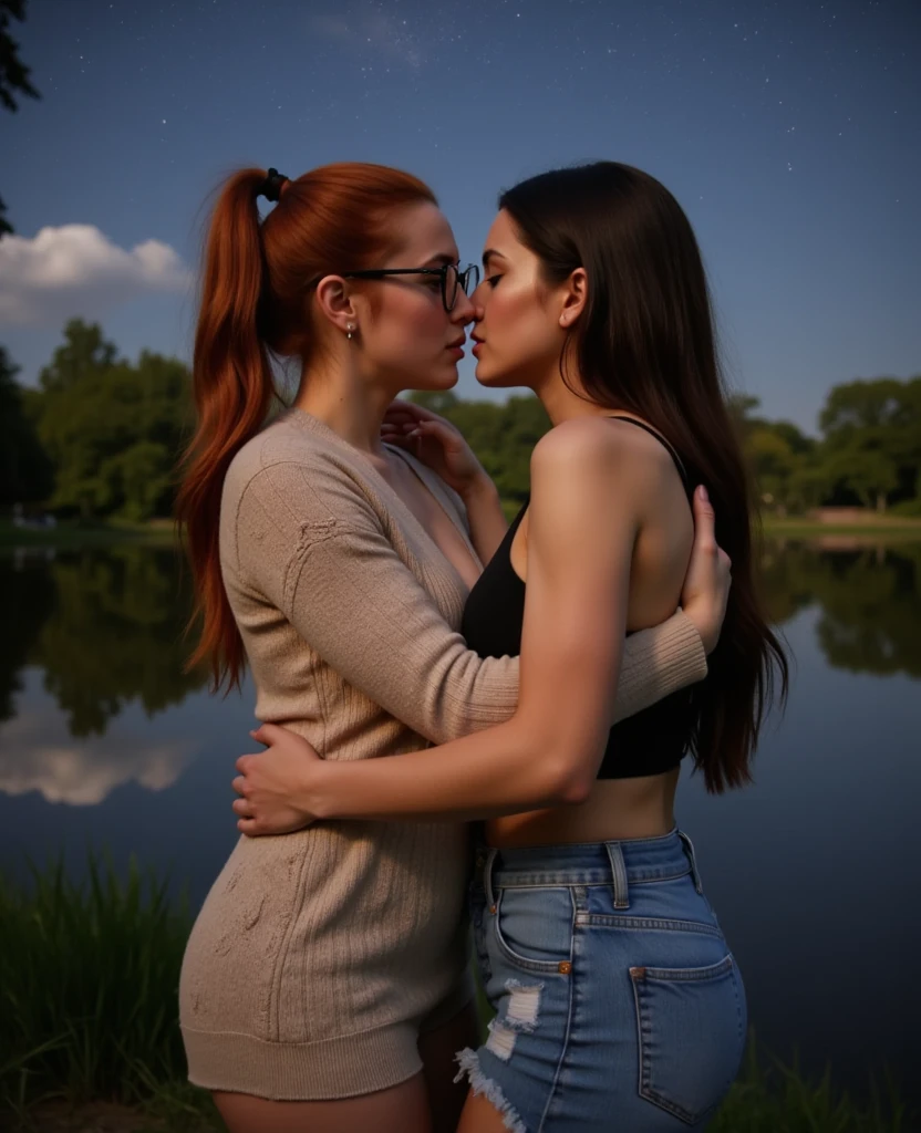 A stunningly realistic scene of a young, beautiful girl soldier in her dress uniform, tenderly embracing a pretty young civilian girl and kissing her on the mouth with her tongue in the mouth. The soldier's eyes are filled with love and adoration as she leans in to passionately French kiss her companion while caressing each other's butts and boobs. The two girls are standing in the water up to their hips amidst a lush green forest, their surroundings creating a serene and intimate atmosphere. In the background, there's a small wooden bridge over a babbling brook, adding to the picturesque beauty of the scene. The soldier's combat bear, which has been a constant companion throughout her adventures, watches on approvingly from the sidelines, its eyes gleaming with pride and joy for the young lovers., vibrant color grading, wide-angle shot, bokeh