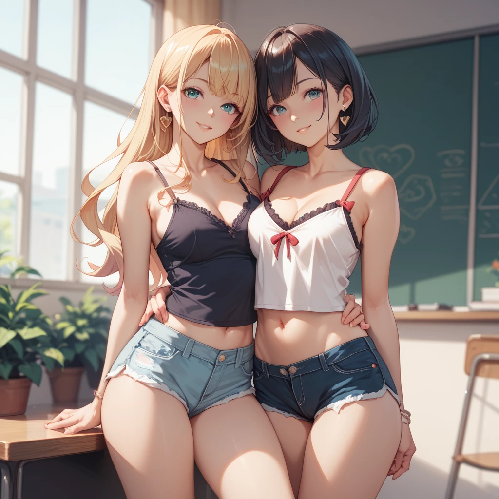 highest quality、High resolution、detailed background、beautiful and detailed face、beautiful and smooth skin、skin texture、(two beautiful teenage girls:1.5)、(huge breasts:1.3)、black hair braid twintails、perfect body line、Pastel floral embroidered shorts、pastel colored floral embroidery bra、Change clothes in the classroom、pose with both hands、
This is a pose with both hands crossed in front of the chest..、If you take a photo with a cute expression while covering your chest with your hands, Can express kindness and softness.、The pose of folding your hands to form a heart also has the effect of hiding your chest..、
emphasize the chest、emphasize cleavage、He looks at me playfully and happily..、sexual expression、cute