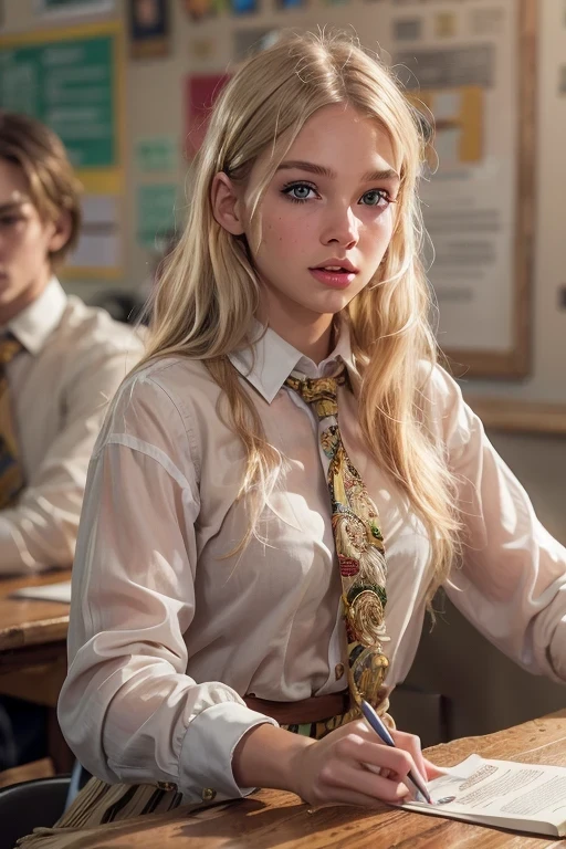 (Sienna), Masterpiece, a 18 years old girl with long blonde hair, wearing a shirt and pleated skirt, in a classroom, (best quality, high quality), hyperdetailed, highres, high detail, intricate detail, HDR, 8k, sharp focus, detailed background, perfect hands, realistic eyes, detailed skin texture, (blush:0.5), (goosebumps:0.5), subsurface scattering, 