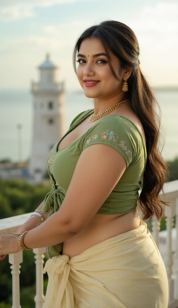 HD wallpaper 32k cinematic shoot of a Beautiful cute Nupur Sanon, curvy plus size, very very big breasts, swooping breasts, pretty chubby women, red lips, jewelry styles, long bun-cut hair, green short-sleeve tie front traditional blouse, Smiling, style pose on the Castle Point Lighthouse in Nieuw-Zeeland, captured in a full-body image, morning atmosphere, minim diffect, ultra details, realistic, ultra hd, Full body image