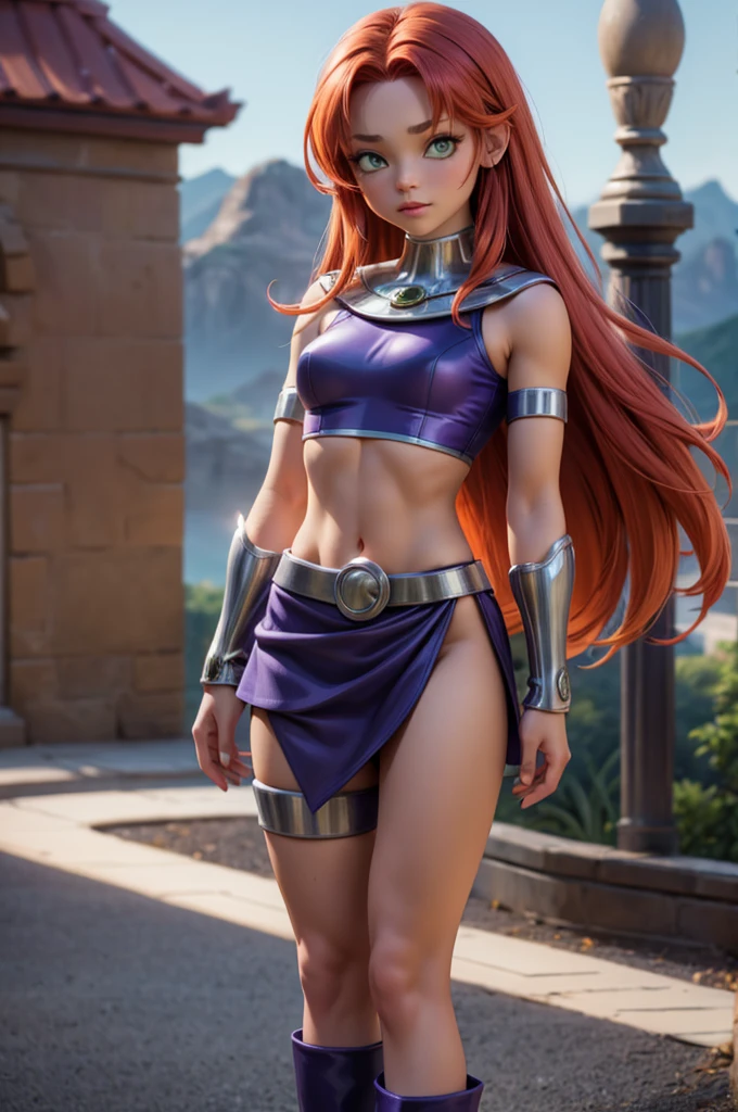 masterpiece, best quality, butterfly sitting, starfire, orange skin, red hair, gorget, crop top, armlet, vambraces, midriff, skirt, purple skirt, thigh boots, bored
