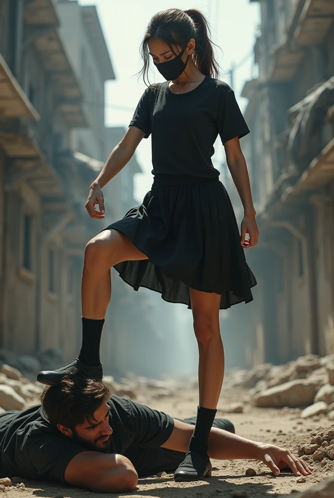 Four scenes from a movie of a short skirt and a boy in black boots running in the middle of an abandoned city with zombies behind them
