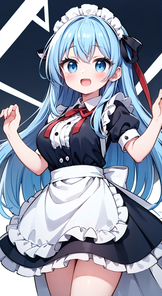  top quality , masterpiece,Blue Hair,  long hair,  blue eyes, hair bow,  headband,  red ribbon , ruffle dress,  black dress,  puff sleeve, Maid, Black Ribbon,  neck ribbon,  white shirt, button ギャップ,button,  makes breasts bigger,  Suspenders,  white apron,  Waist Apron , Normal milk,  short stack ,  happy , smile,  open mouth , incoming hug, score_9, score_8_  up, score_7_  up, Embarrassed, shy,