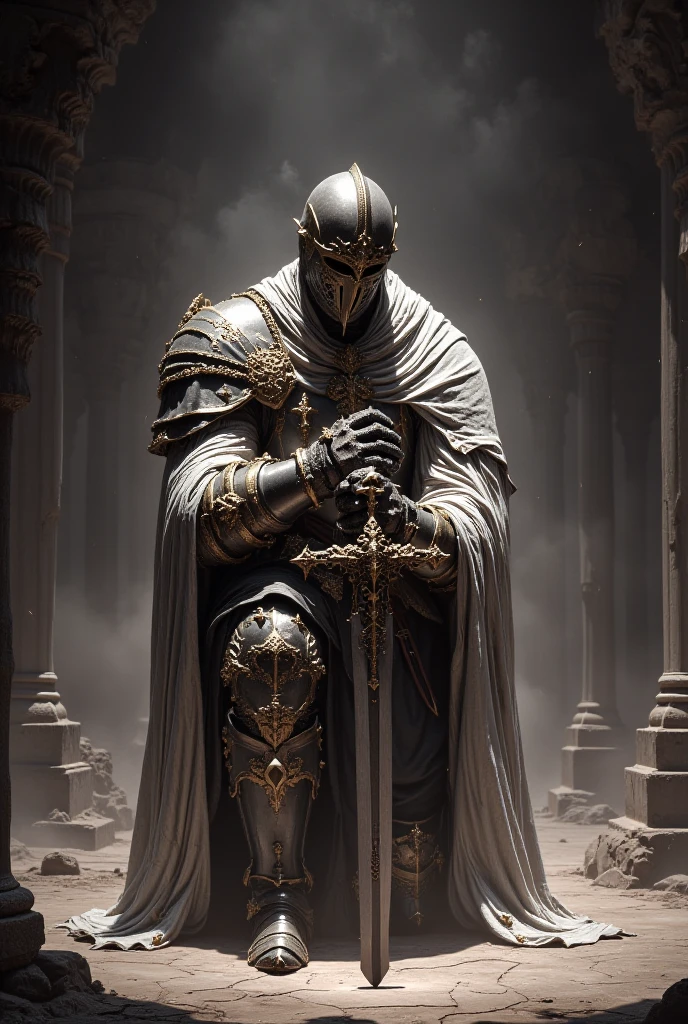 Medieval knight kneeling, leaning on his sword, knight's helmet from the crusades, white mantle on his shoulders, long medieval sword.