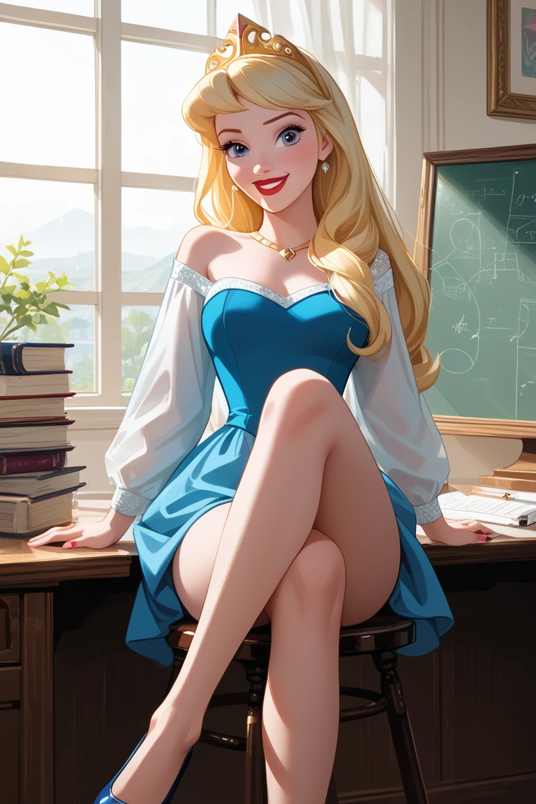 PonyXLV6_Scores ,source_anime, masterpiece,best quality, highly detailed,cinematic,  BREAK Disney princess Aurora ,1girl, solo, blonde loose and long hair, thin face, purple eyes, red lips, smiling, fair skin, Disney 3D render, ((Princess Aurora wearing as a sexy teacher, sitting on a chair behind of a desk, reviewing some notebooks, crosslegs), ((taking off one shoe, missing one shoe, showing right foot-toes)), (Elsa's face exactly as original Disney character),