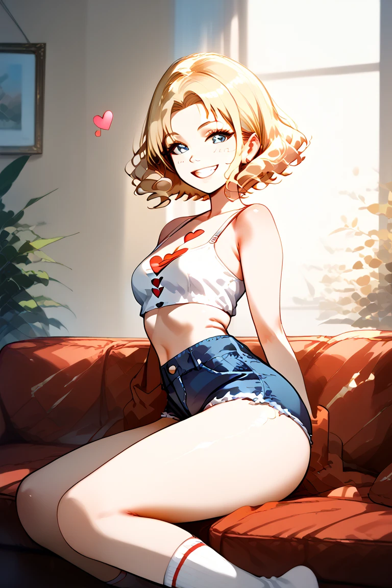 SOLO BOY. A normal human looking female boy, short blonde hair, blonde boy, curly hair boy, perfect human nose, fair skin, breastless chest, wide waist and ass, thick thighs, white 7x8 socks, mini jean shorts, white crop top, sexy smile. Boy using both hands to make a heart. boy sitting on sofa.