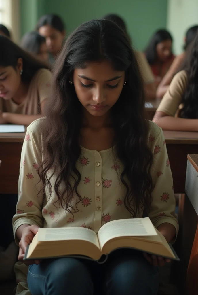 In a cozy study space, a brilliant Indian girl engrossed in her studies. The soft glow of a desk lamp illuminates her determined expression as she flips through textbooks, surrounded by neatly organized books and notes. The room reflects both intelligence and grace in a harmonious blend.