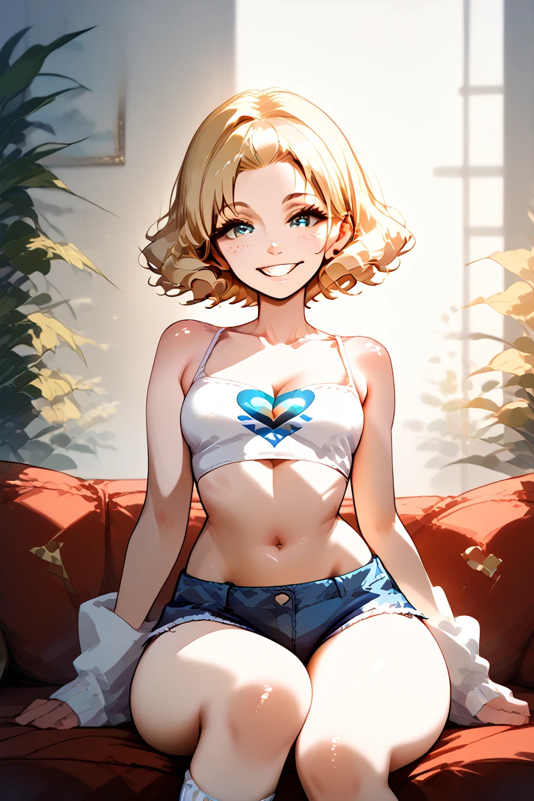 A normal human looking feminine boy, short blonde hair, blonde boy, curly hair boy, perfect human nose, fair skin, breastless chest, no breasts, masculine torso, wide waist and ass, thick thighs, white 7x8 socks, mini jean shorts, white crop top, sexy smile. Boy using both hands to make a heart. boy sitting on couch.