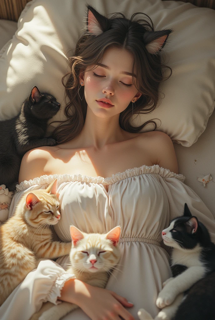 a beautiful woman, with cat ears, sleeping in the bed, surrounded by many cats, serene, dreamy, realistic