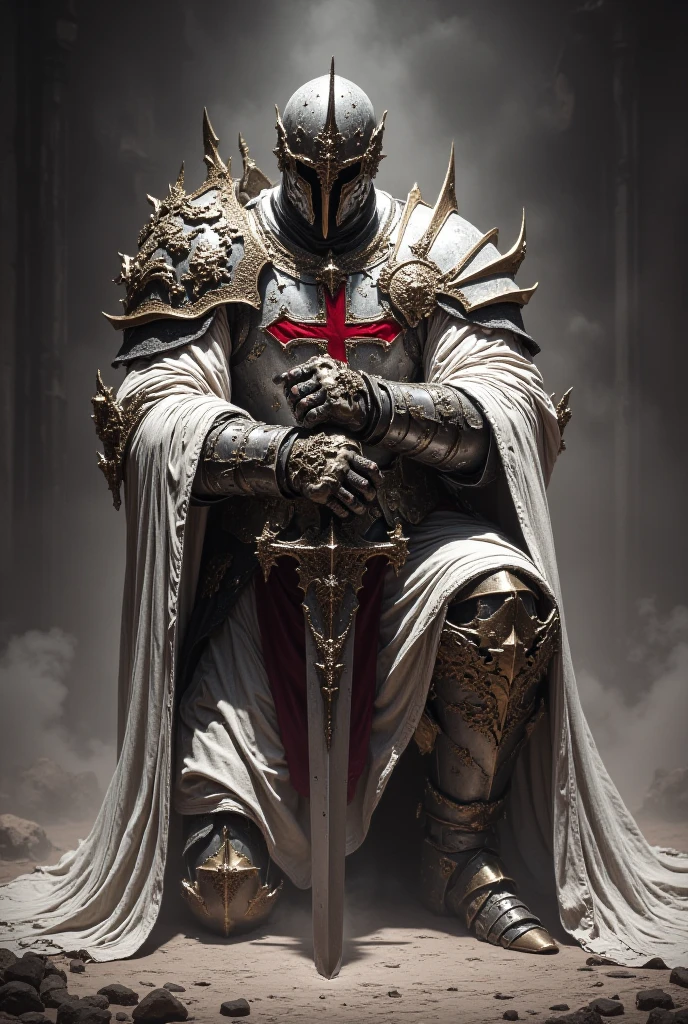 medieval paladin kneeling leaning on his sword, knight's helmet of the crusade, white mandrel on his shoulders, long medieval sword, red cross of the paladins, closed helmet.