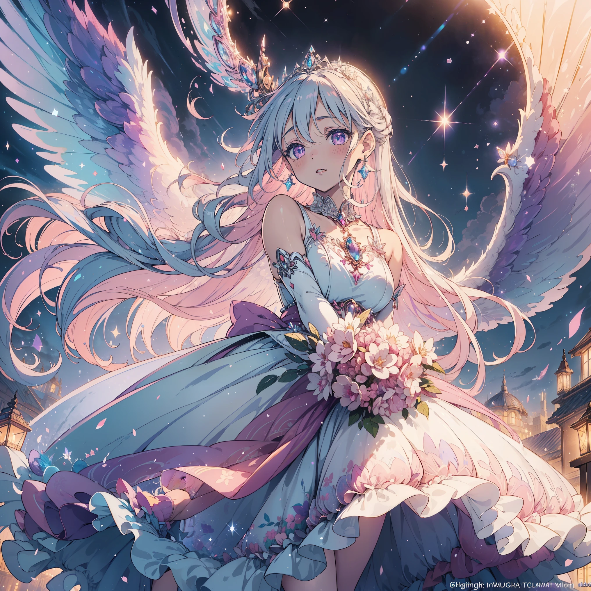 (Beautiful, beautiful , Very detailed, masterpiece, high quality , confuse, high resolution, Full HD, 16K, Soft Edge, Soft lines),( dynamic angle),Flying in the air , dramatic lighting , pastel colors , soft lighting ,((Moonlight Night, beautiful 月)), starry sky ,meteor群,meteor,(fairy tale princess, Purple Eyes, Long eyelashes, White Skin,, light pink plump lips , pale pink cheeks , The wind is blowing,White fluffy hair,,( tall nose ,Small nose),( Huge fairy wings grow from above her waist.:1.1),Silver decoration,diamond crown,Diamond Earrings,Diamond Earrings, diamond necklace ,(Silver Ball Gown:1.1), Silver lace and frills , (fantasy, Romantic atmosphere )