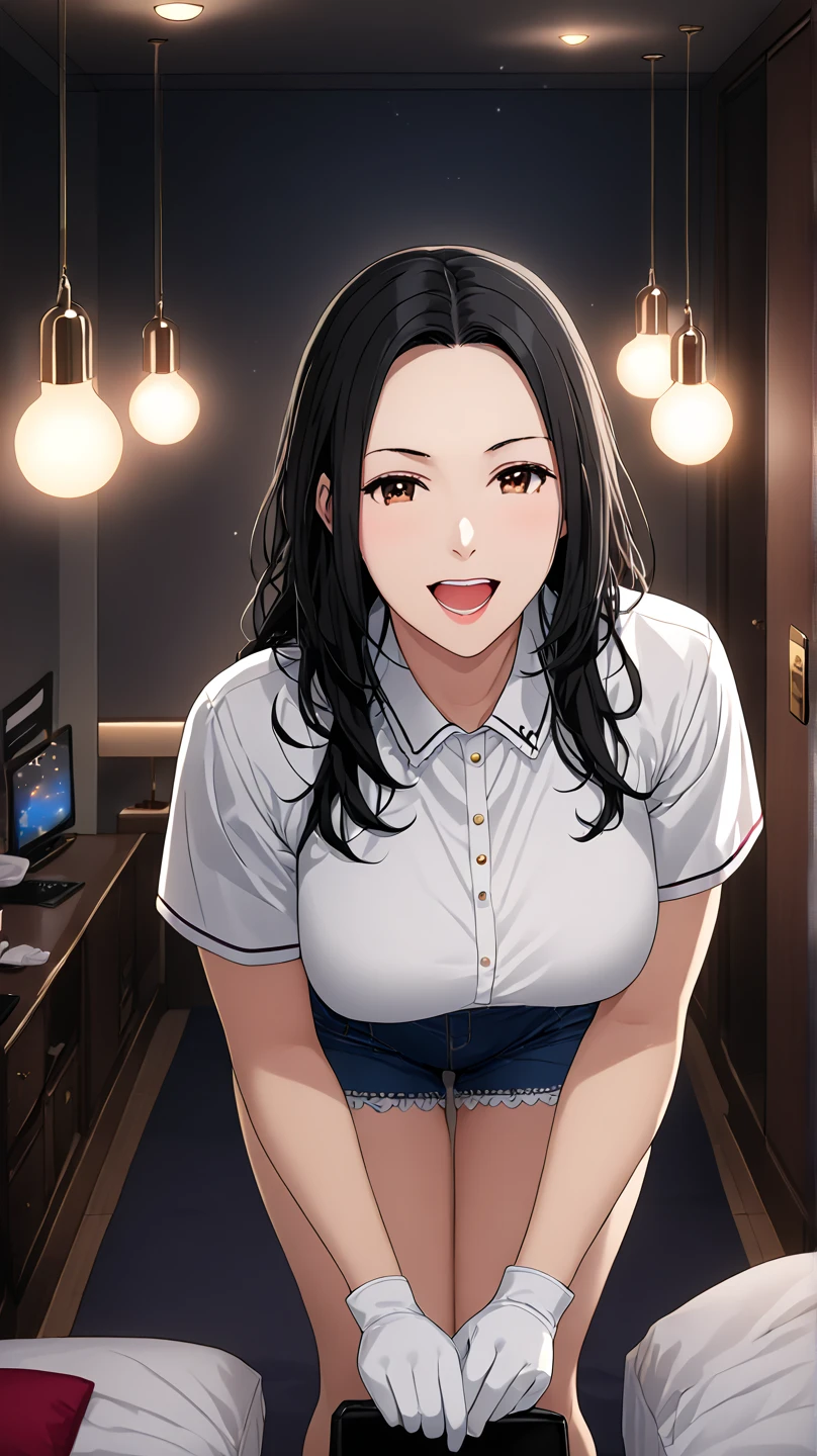 20 years old,1 girl, extremely thick thighs, hyperrealistic, 8k, (extremely detailed 8k), (very delicate and beautiful), (masterpiece), (better quality:1.0), (ultra high resolution:1.0), (masterpiece, best quality), cute,black hair,laugh with open mouth,gleaming skin,, short sleeve shirt,short denim pants,leaning forward,upper body,from the front,looking back、 large white mask、latex white rubber gloves 、Put on an apron、huge boob,

 detailed background 、Elaborate Background,  aerial perspective , Reality,  super detailed , 


(night:1.8, Desaturated lighting、 ambient lighting:1.3,  the room with the lights off:1.5、 Love Hotel :1.8,  Love Hotel のベッドルーム:1.5), 

 a room full of trash 、 messy room、Garbage is scattered、 troubled face