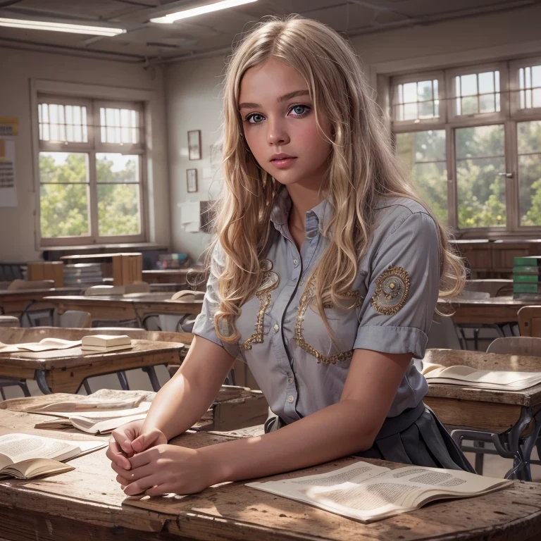 (Sienna), Masterpiece, a ********** girl with long blonde hair, wearing a shirt and pleated skirt, in a classroom, (best quality, high quality), hyperdetailed, highres, high detail, intricate detail, HDR, 8k, sharp focus, detailed background, perfect hands, realistic eyes, detailed skin texture, (blush:0.5), (goosebumps:0.5), subsurface scattering, 16K, ultra high res.photorealistic, HDR, UHD, DSLR, RAW, cinematic lighting