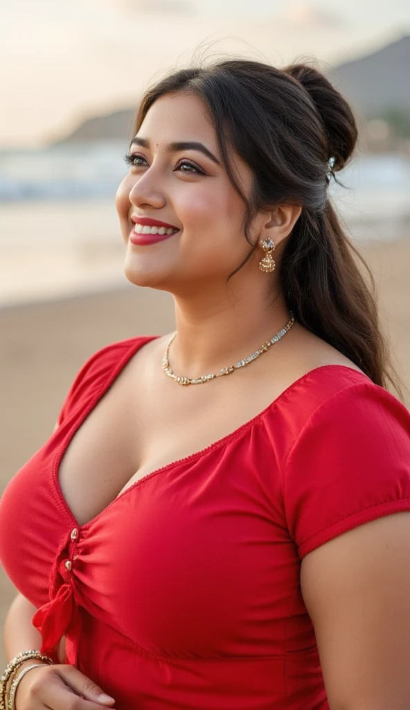 HD wallpaper 32k cinematic shoot of a Beautiful cute Nupur Sanon, curvy plus size, very very big breasts, swooping breasts, pretty chubby women, red lips, jewelry styles, long bun-cut hair, red short-sleeve tie front traditional blouse, Smiling, style pose on the Cap Méchant, Réunion Island, captured in a full-body image, morning atmosphere, minim diffect, ultra details, realistic, ultra hd, Full body image