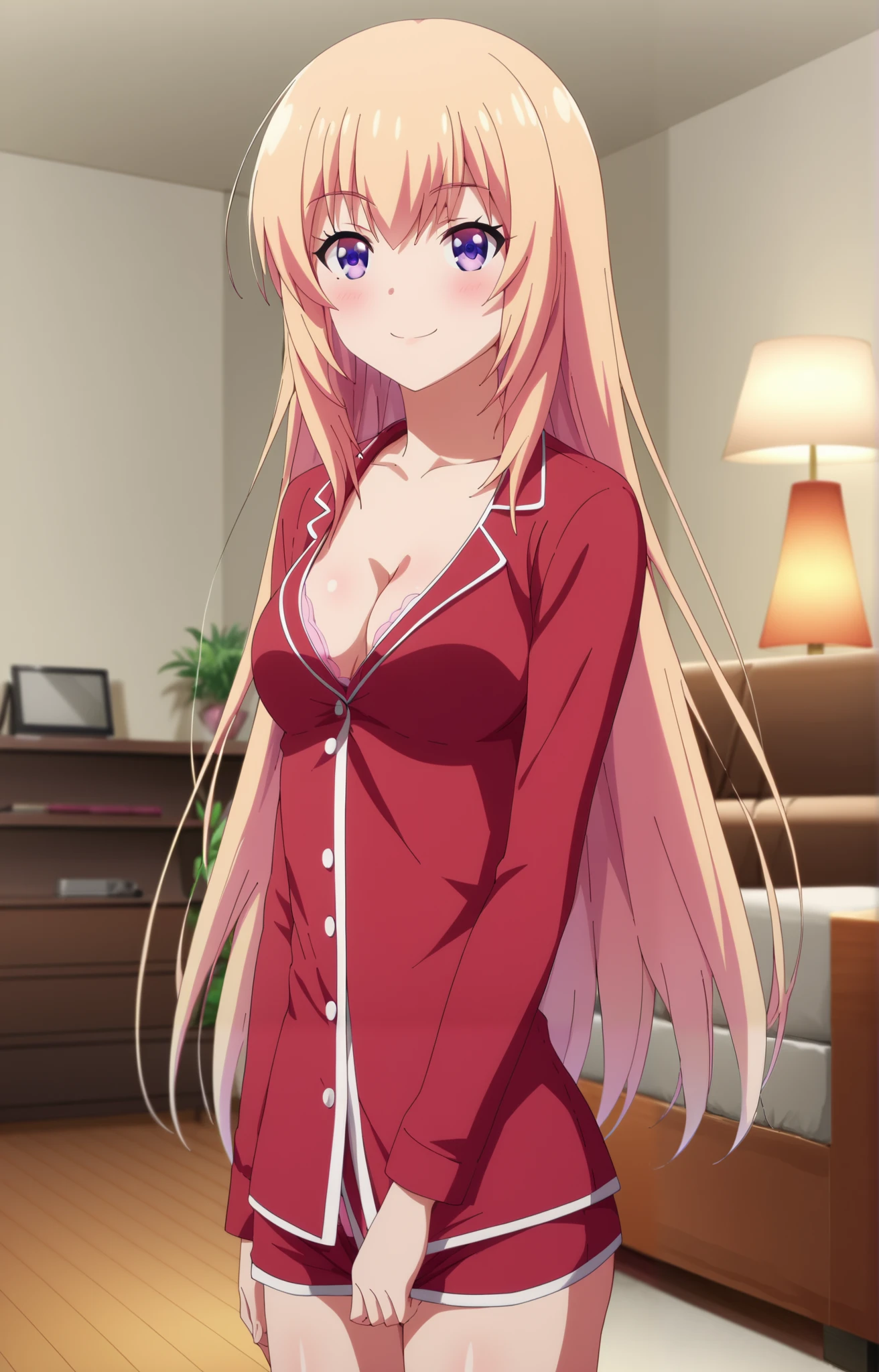 Honami Ichinose, (cowboy shot),  long hair,  small breasts,  cleavage,  pretty butt,  sexy pajamas ,  sexy pose , (Red cheeks:1.2), (blight smile:1.2), ( living room ), (Home),  score_9,  score_8_superior,  score_7_superior,  Source_anime, (best quality1.2), 細部までこだわったanime,  high quality , full color, 8k,  high res