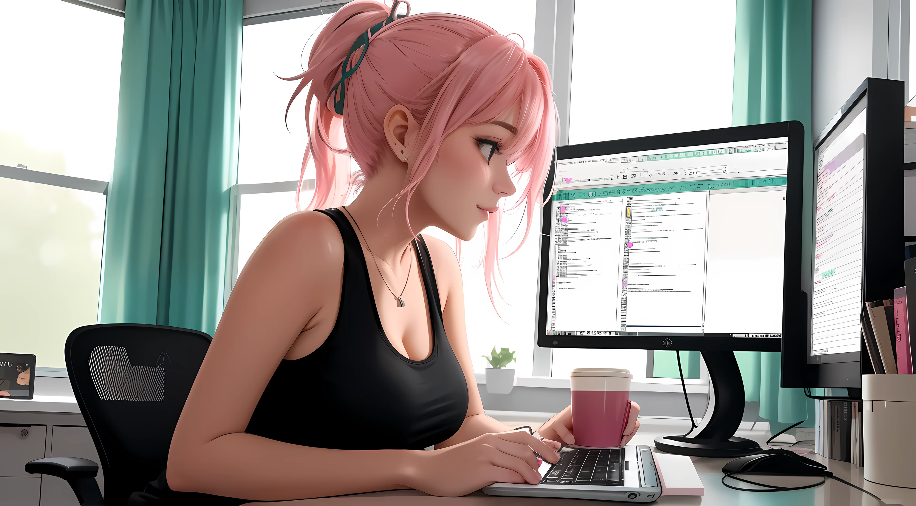 "A woman med boobs with pastel green and pink hair tied up in a messy ponytail is seated at her workspace, coding on a dual-monitor setup. She is wearing a black tank top and matching leggings, sitting on a sleek gaming chair with pink accents. The room is modern, with shelves filled with books and tech gadgets behind her, creating a cozy and functional vibe. A cup of coffee sits on her desk, steam gently rising from it. The window on her right displays a soft pink sunset, with sheer curtains tied to the side, allowing the light to cast a warm glow across the room. Her focused expression reflects her dedication to her work as digital lines of code illuminate the monitors. The atmosphere combines high-tech elements with a personal and creative touch, making the scene visually captivating."