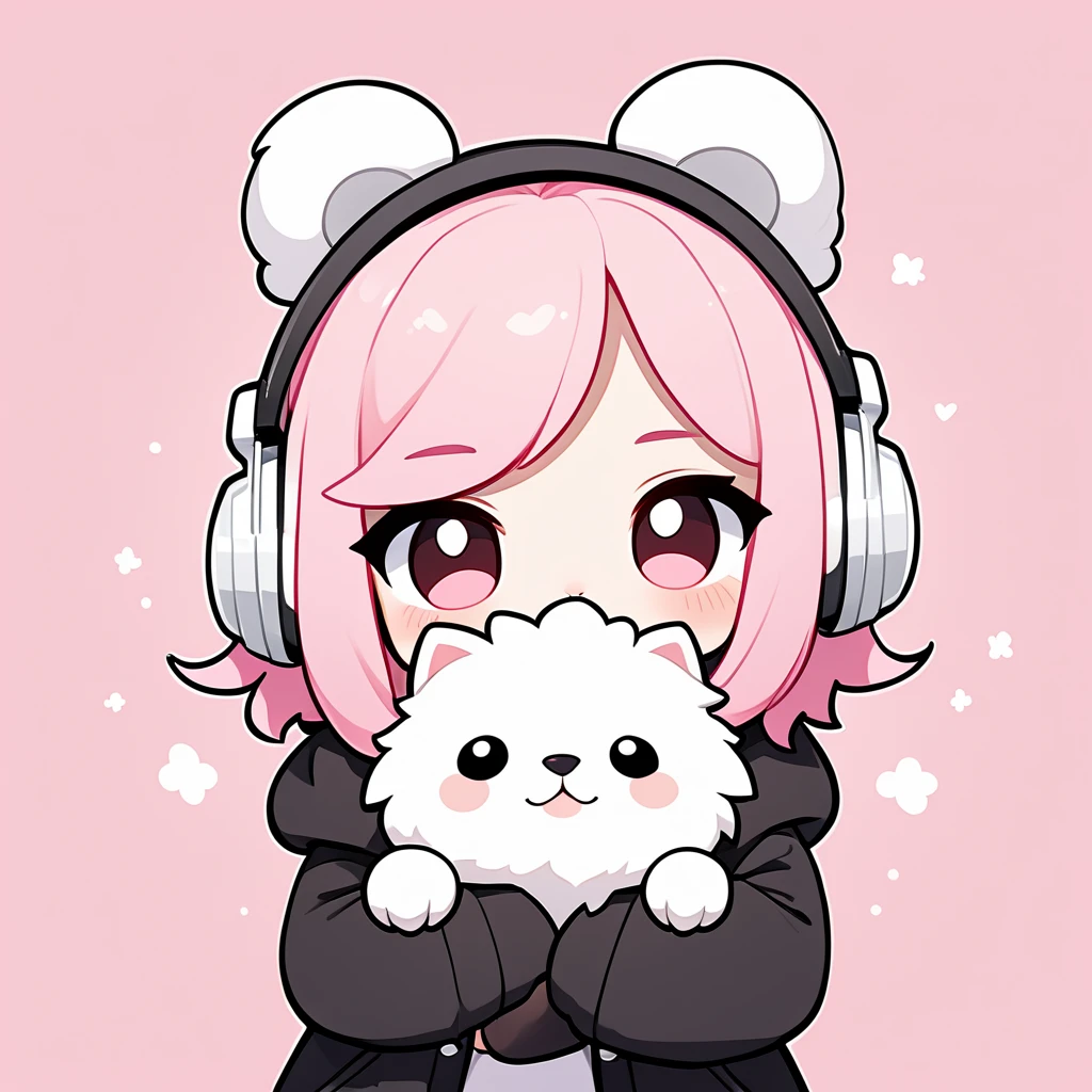 "A young girl with bright pink hair , bright skin, and the soft expression , wearing an oversized black jacket.  He wears silver headphones around his neck and has earrings in his left ear .  The girl hugs an adorable looking white fluffy Pomeranian dog.  The background is plain white ,  gives full focus to the character of the girl and his dog ,cute chibi ."