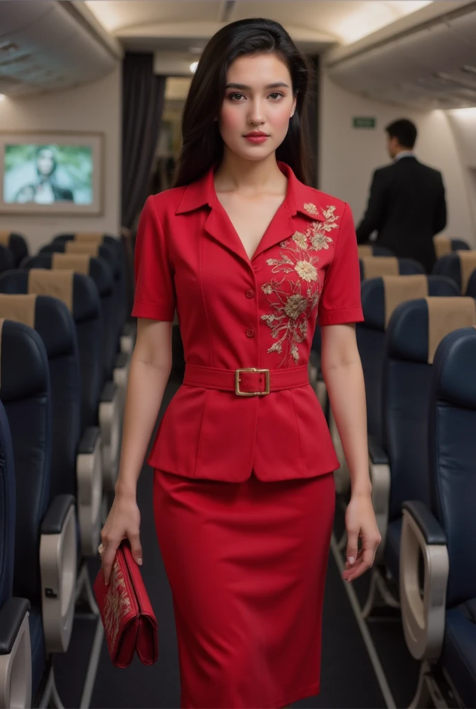 ((  very detailed facial  )),(40,000, photo, masterpiece,  high quality ,  (( plump )), 1 Chinese woman,、 super detailed face 、 detailed lips 、  meticulous eyes  、Double eyelids 、( black bob hairstyle 、  walk gracefully down the aisle and smile )、(Airline stewardess:1.2)、(Glamorous Body)、(huge )、 Thighs Thighs Thighs Thighs, Perfect fit, 完美的图像Realism, Background and  : (Business class aisle in airplane:1.2),  cowboy shooting, Deep background, Fine clothing, Perfect lighting、 surrealism、(Realism:1.4)、8K highest resolution , (​masterpiece),  Highly Detailed , major， slim body ，TallAirline stewardess， Looking from the bottom up， Full Body Photo ，Tall