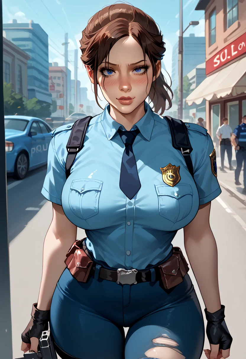 nari , blue eyes, black hair, short hair, big breasts,big silver drop dangle earrings ,hair ponytail , lipstick , police uniform