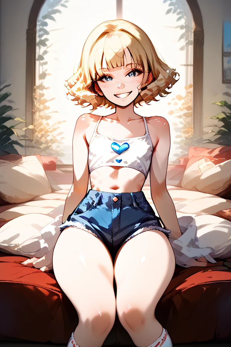 A normal human looking feminine boy, short blonde hair, blonde boy, curly hair boy, perfect human nose, fair skin, flat chest, wide waist and ass, thick thighs, white 7x8 socks, mini jean shorts, white crop top, sexy smile. Boy using both hands to make a heart. boy sitting on couch.