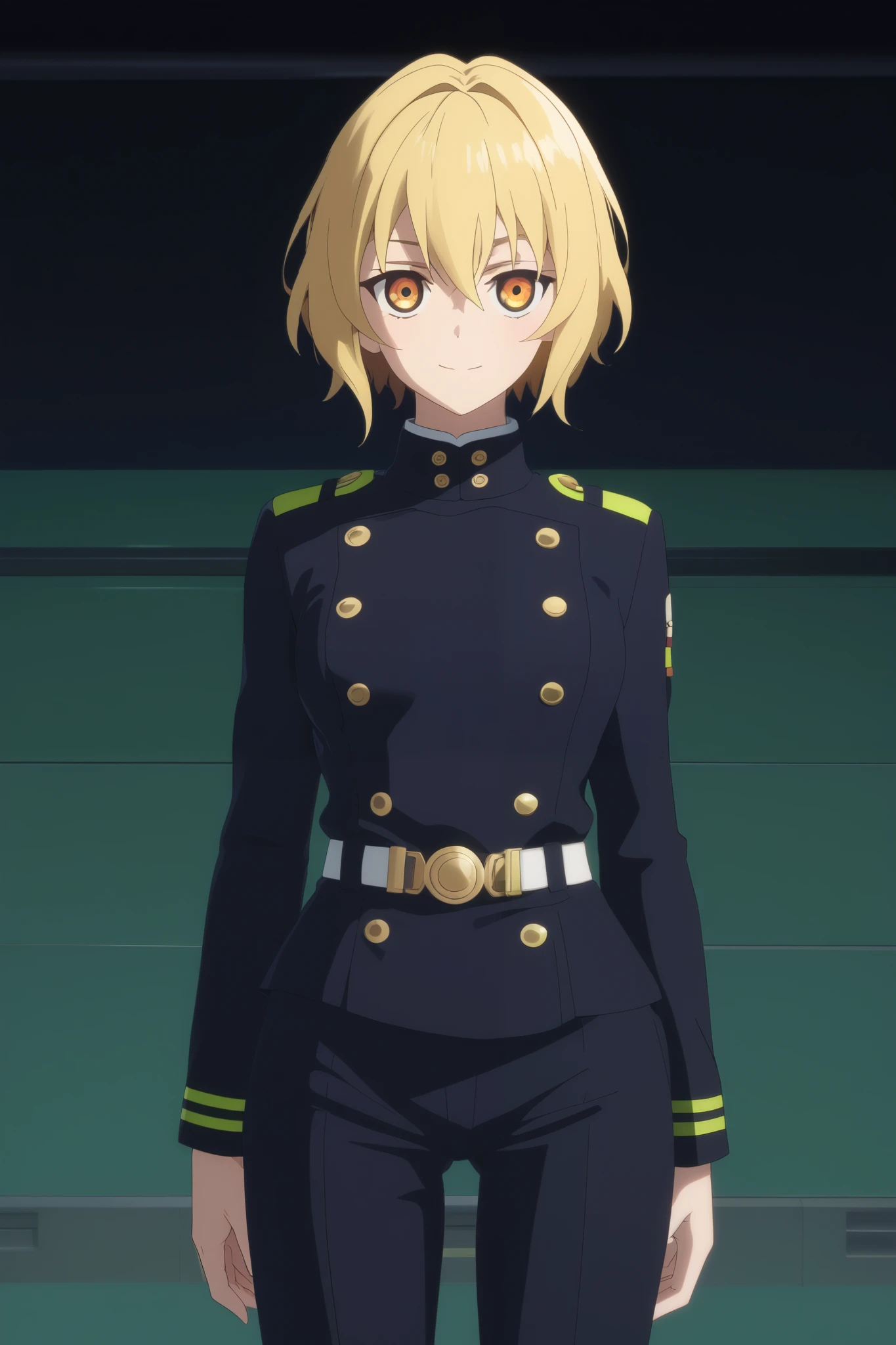 score_9, score_8_up, score_7_up, source_anime,  intricate details , (3d:0.4), ,  1 girl fights,  blonde , solo, female focus, светло-yellow hair,  amber eyes, big amber-colored eyes ,  short blond hair ,  hair between eyes,  sci-fi space opera, short bob hair , bangs, yellow hair, smile, blushed, black uniform, Breasts,  thin waist,  slender legs , trousers