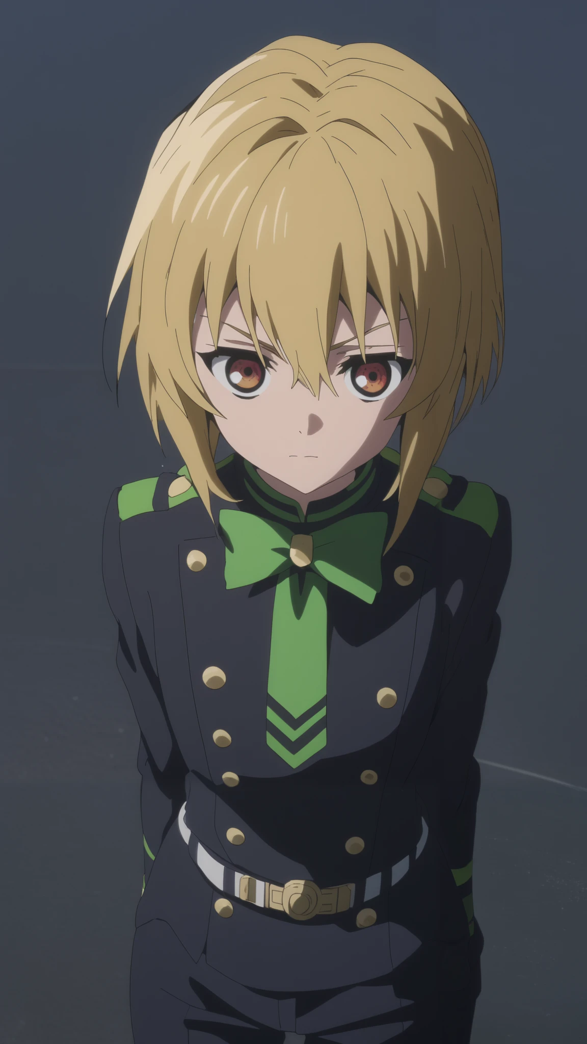 score_9, score_8_up, score_7_up, source_anime,  intricate details , (3d:0.4), ,  1 girl fights,  blonde , solo, female focus, светло-yellow hair, orange-amber eyes , big amber-colored eyes ,  short blond hair ,  hair between eyes, (((простая квадратная стрижка каре))), sci-fi space opera, short bob hair , bangs, yellow hair, blushed, black uniform, Breasts,  thin waist, god,  slender legs , trousers, hiiragi , belt,  fires with a black and green bow,  pulls the string of a black-and-green bow, the black-and-green arrow , , a green flash of magic in my hand.
A girl walks along a transparent golden road among the stars and the abyss, darkness, darkness, повязка на предплечье в черно-белую полоску, у девушки низкий рост