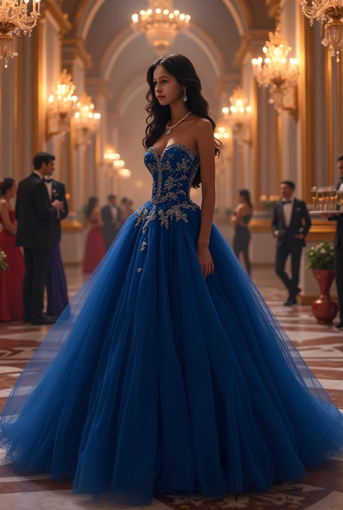 (masterpiece, best quality:1.5), highest quality, High resolution, super detailed, realisti, Full body photo of brunette women, detailed and beautiful eyes, beautiful detailed lips, very detailed eyes and face, longeyelashes, Women in dark blue satin evening dress. Beautiful and colorful makeup, elegant and noble々Pose, jewels, Gardens as background Soft daylight, bright colors, fine brushstrokes, Portrait style, beautiful color palette, glowing skin, First-class rendering, that captures every detail, enchanting atmosphere, subtle shadows and lights, (perfect anatomy:1.2), (magnificent panorama view:1.2)