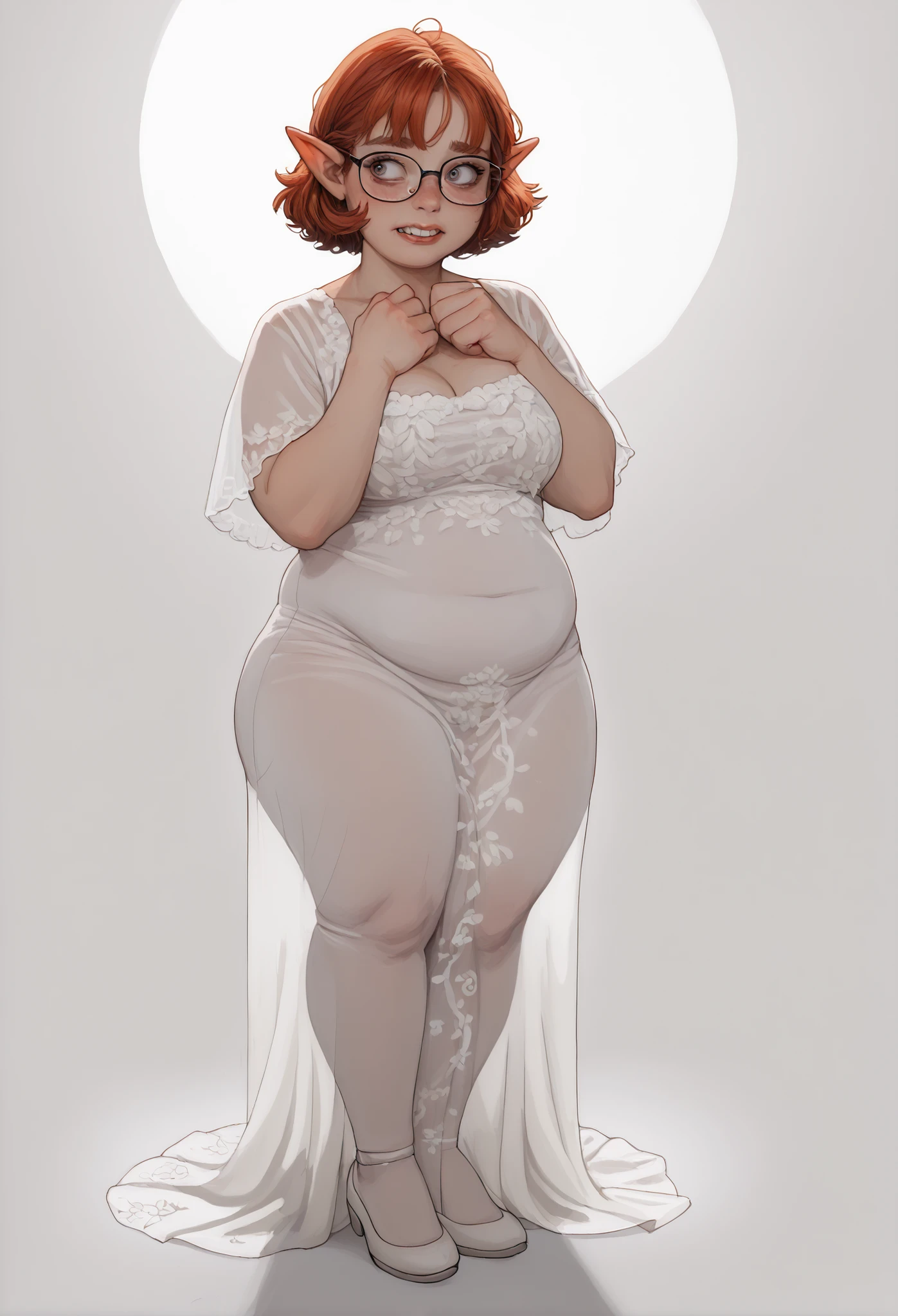 1 girl, nerdy elf woman, big teeth, glasses, (shy emotions:1.3) looking away, white elaborate elvish dress, transparent dress, (breasts silhouette), light beams, (tall torso), (bottom heavy body:1.3), (chubby), ((rivendell during autumn background)), extreme details, huge thighs, short red hair, (boyish face:1.1), , detailed background , volumetric lighting, high definition, realistic anime , (tall and chubby, long legs), (extremely detailed face:1.1), (large and wide breasts