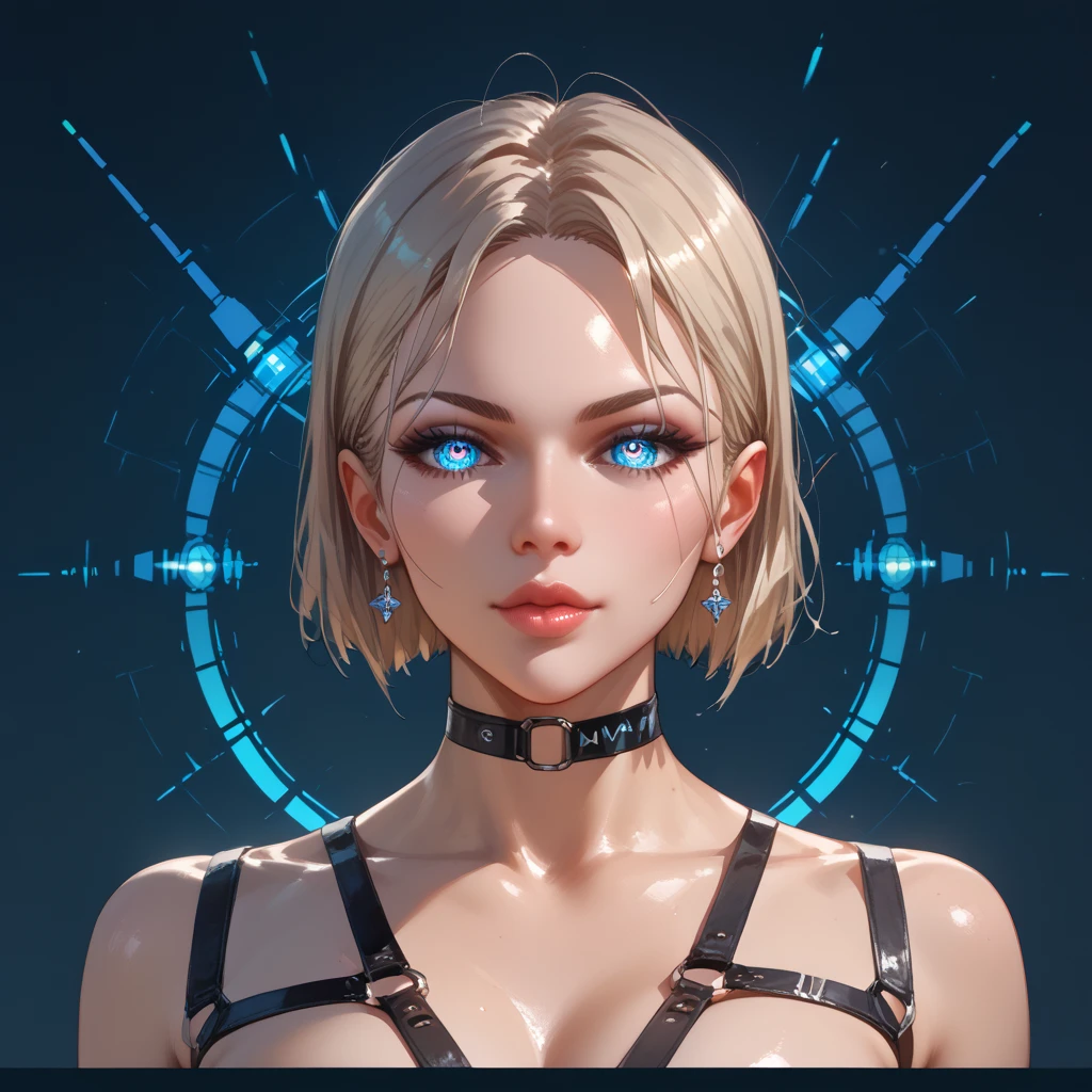  portrait of a cyber girl with implants, mechanical eyes ,  with a harness and an interesting background  