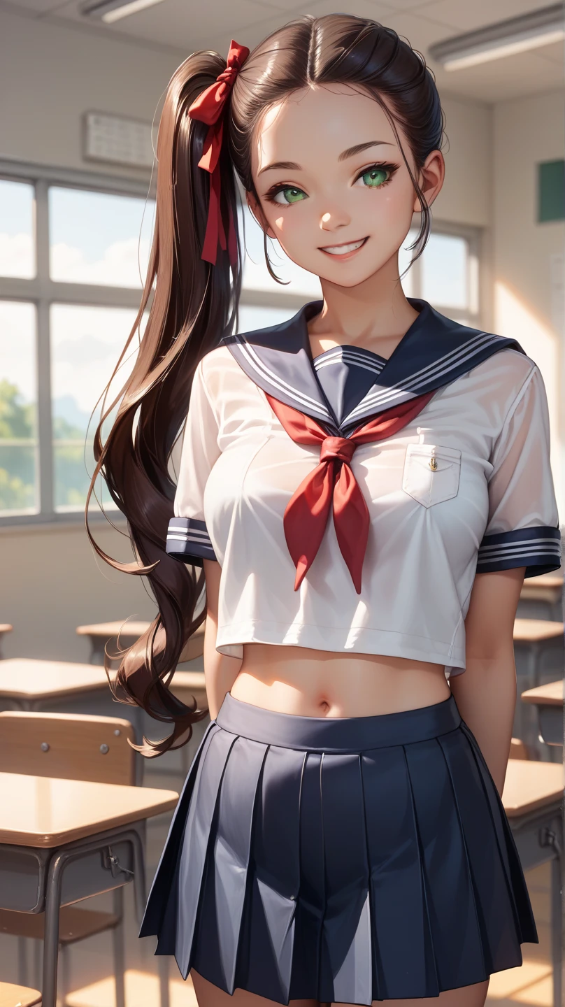 masterpiece, best quality, ultra detailed, 1woman, JK, green eyes, slightly smile, detailed semi-long hair, dark brown silky hair, forehead, sliced back hair, side ponytail, contrapposto, hands behind back, navel, classroom, (sheer crop top white shirt), sailor suit, pleated skirt, red ribbon tie