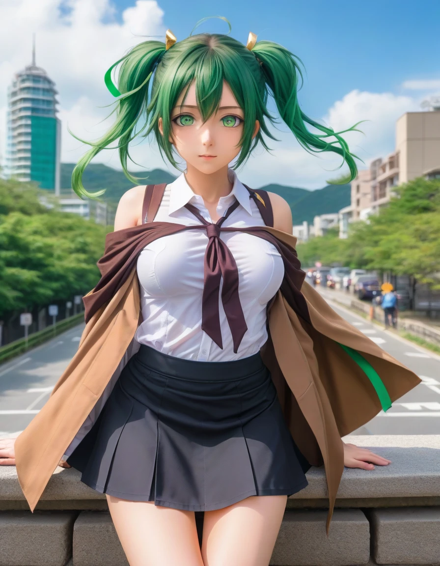  High Quality 　 high image quality　高クオリティー
髪を通して見えるWin the Wind Charmer  , Win the Wind Charmer ,  eyes can be seen through gaps in hair,  green eyes, Green Hair,  ponytail, ribbon, hair ribbon,
black  skirt , brown Cape, Cape,  clevis on a stone,  shirt,  skirt , white  shirt,
Outdoor, citysCape,
throw,   straight, nsfw, half undress, vaginal penis, missionary, ahegao, vulgarity,  gang bang, 3boys,3penis,faceless male, penis on face, grab her tits,  Cum in Pussy , cumdump,  small breasts, 