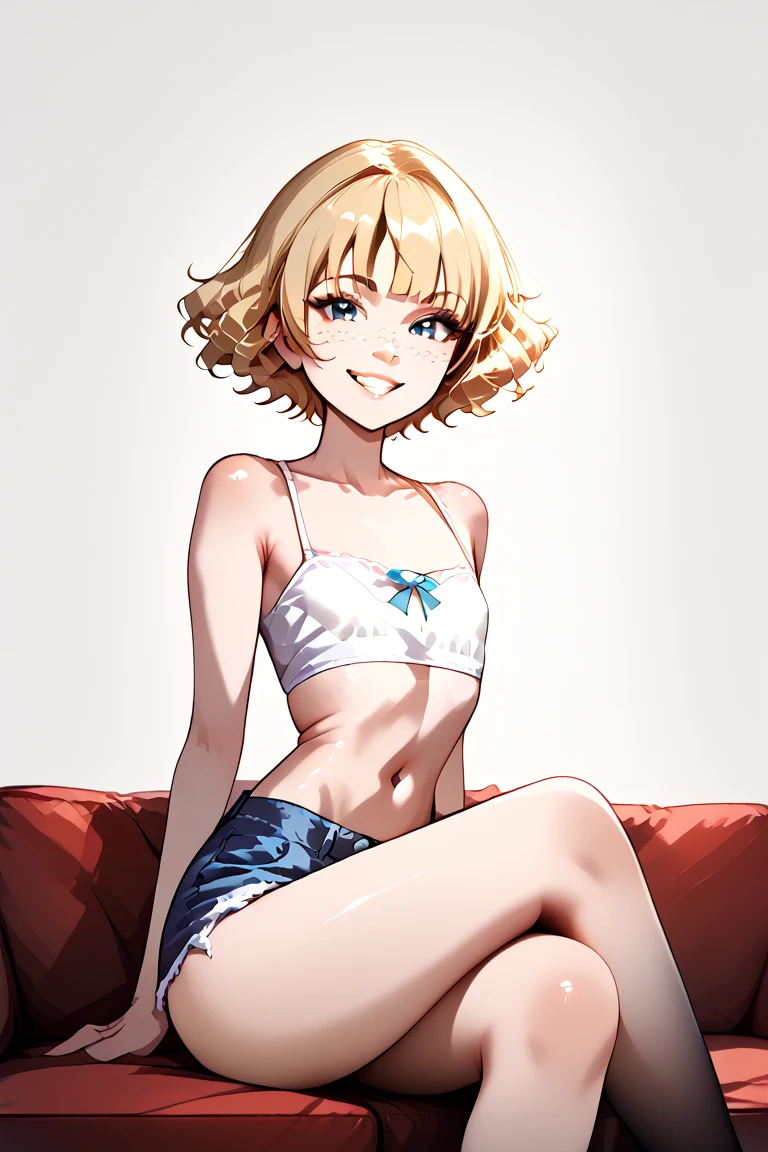 A normal human looking feminine boy, short blonde hair, blonde boy, curly hair boy, perfect human nose, fair skin, flat chest, legs crossed, side to viewer, stockings rising to thighs, wide waist and ass, thick thighs, mini jean shorts, white crop top, sexy smile. Boy using both hands to make a heart. boy sitting on couch.