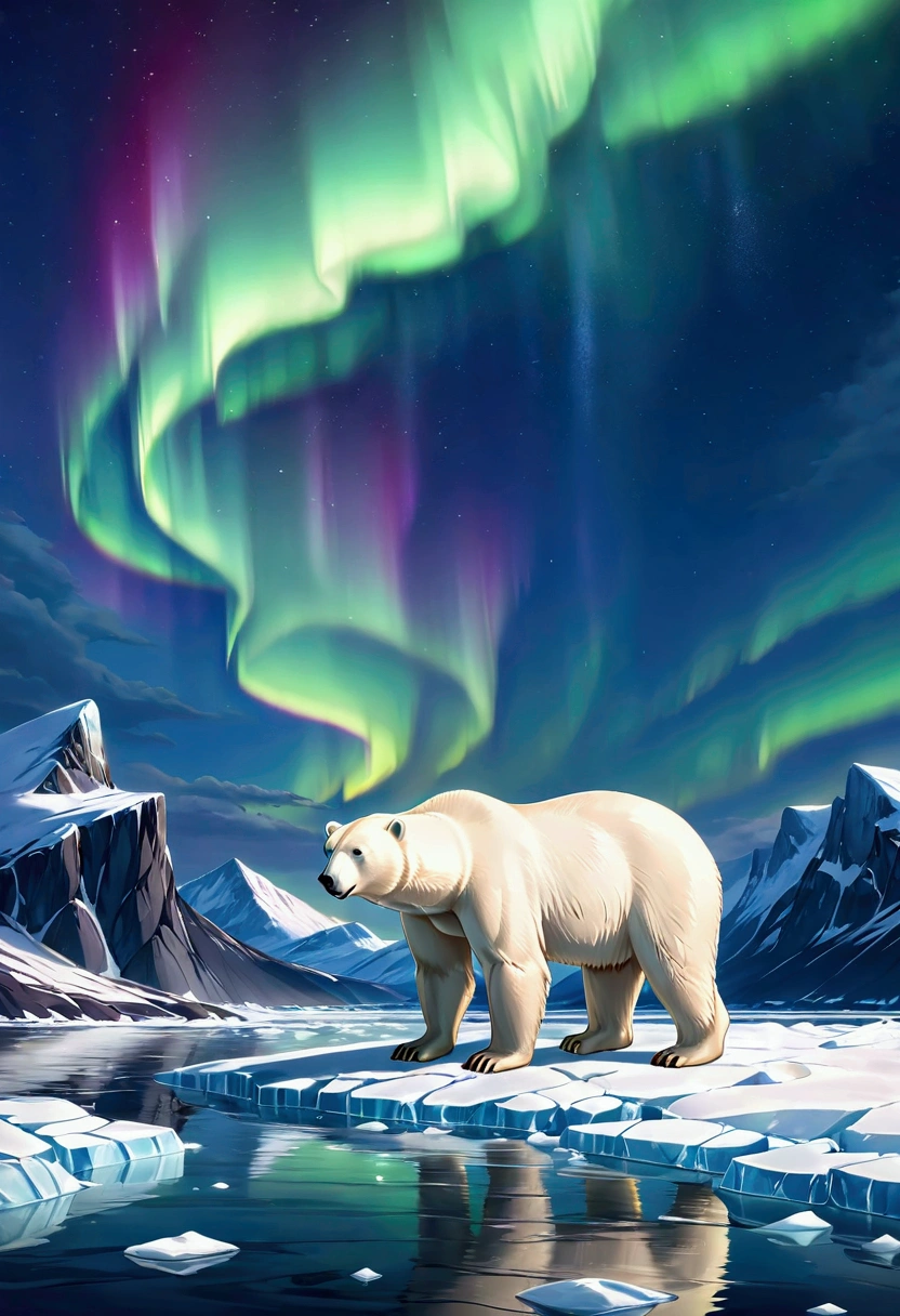 polar bear, ice floe, Northern Lights