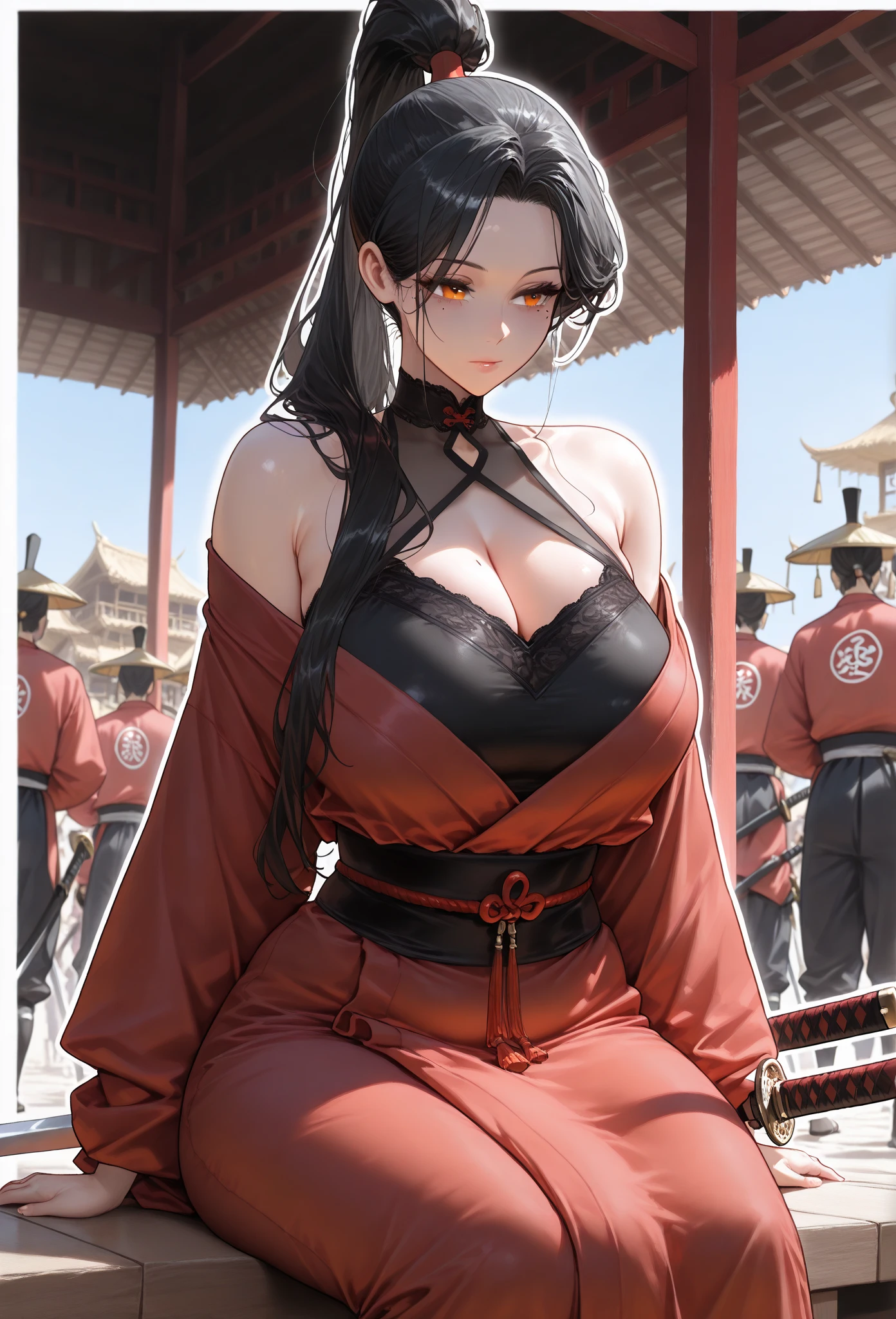 (masterpiece, high resolution, 2k resolution, best quality), (1girl, perfect anatomy, perfect face),
((black hair), long hair, ponytail), (orange eyes, perfect eyes),
red oriental kimono, (black Sheer Panel), sheer cleavage:1.5), Narrow shoulders,
((sitting, eastern village, samurai in the background, people with oriental looks in the background),
(neutral gaze, mole under eye, looking somewhere),
(solo, 1girl), huge body, medium chest, mature woman, (white outline, 6px outline width,
katana, (diminishing scale perspective)