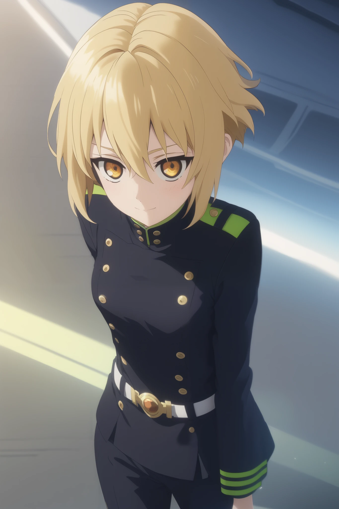 score_9, score_8_up, score_7_up, source_anime,  intricate details , (3d:0.4), ,  1 girl fights,  blonde , solo, female focus, светло-yellow hair,  amber eyes, big amber-colored eyes ,  short blond hair ,  hair between eyes,  sci-fi space opera, short bob hair , bangs, yellow hair, smile, blushed, black uniform, Breasts,  thin waist,  slender legs , trousers