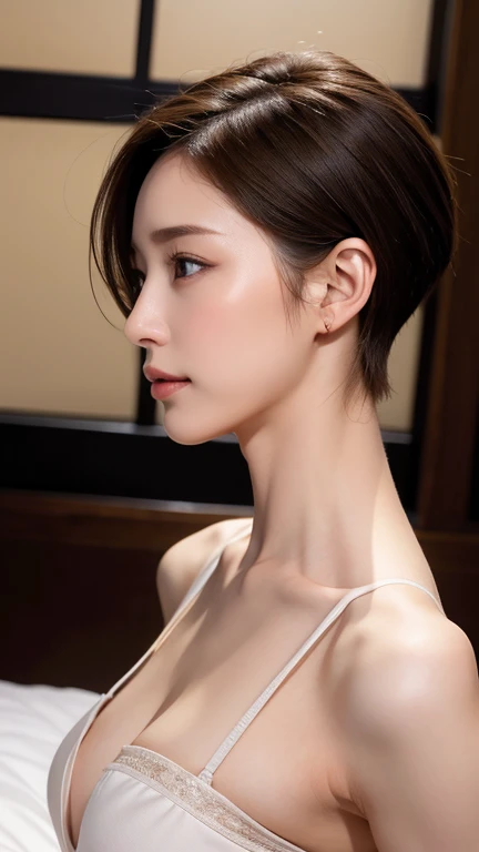  mature woman,masterpiece, slim slender, realistic, adult sex appeal, perfect body,Ultra short hair, beautiful faces,Facial beauty, Japanese women, profile