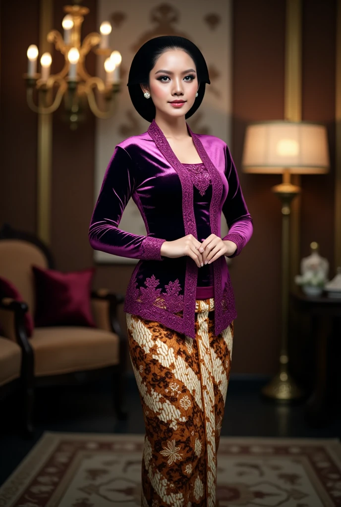 a beautiful young beautiful woman playfully dancing perform in an indoor setting. She is wearing an intricate dark purple glossy satin kebaya with lace embroidery patterns along the front and sleeves, paired with a traditional brown and cream batik thigh skirt with complex floral and geometric designs. Her hair is styled in a neat and polished low bun with a center part, and she has a calm. The background consists of a luxury room atmosphere. The overall image has realistic detailing, soft shadows, and vibrant color contrast.
