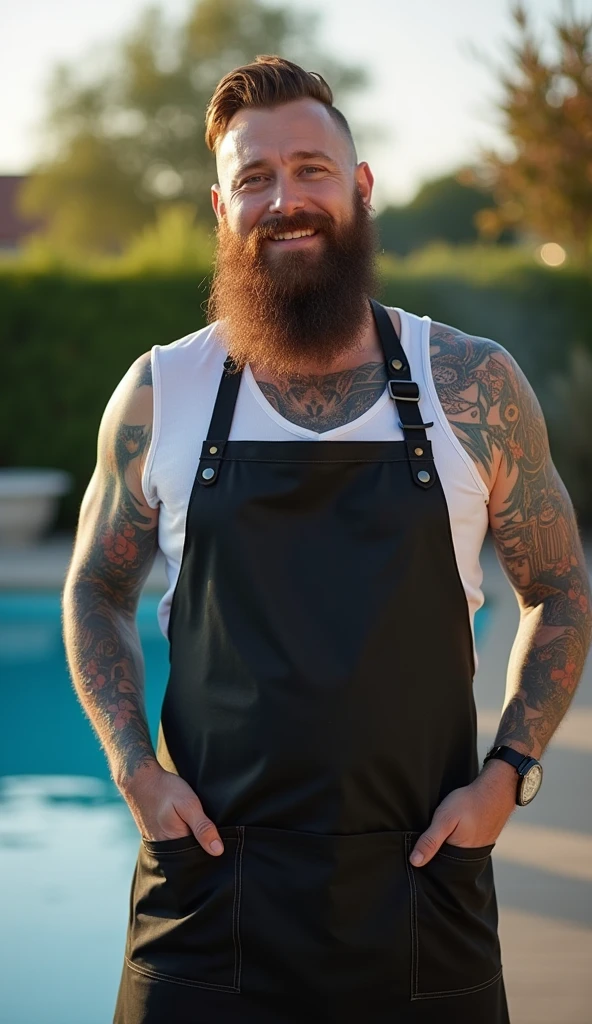 a fat and strong man, daddy style, vestindo um avental branco e segurando um espeto de BBQ, naked man, body covered in lots of hair, erect penis, ejaculating semen, Generic summer garden, green grass and white fences, BBQ
