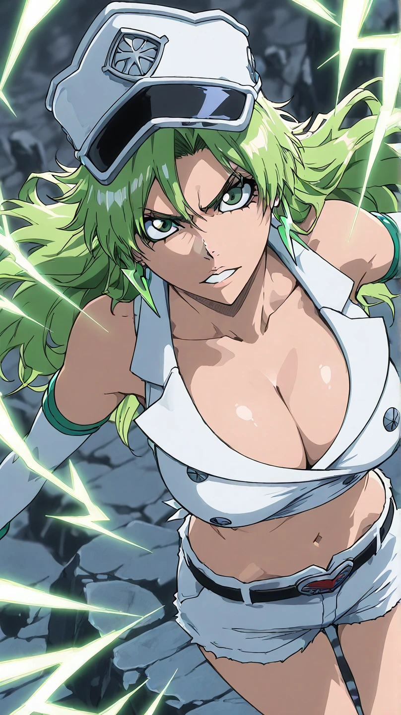 (lum), long hair, breasts, blue eyes, green hair, strapless, makeup, eyeshadow, tiny horns, score_10, score_9, score_8_up, anime screencap, seductive, huge breasts, round breasts, Large stature, solo, outdoors, outside background, perfect fingers, 5 fingers, perfect hands, upper body, cute face, intimate apparel, strapless bottom, (angry), Uncovered, large breasts, thighhigh boots, unveiled, pouting face, corset, undressing eyes, Non-blurry fingers, high resolution, from side, hair bow, loincloth with no panties, broomstick between legs, sitting on broomstick, ((flying, floating in air, floating hair, wide view, from far)), sexy pose, electrical lightning, electrical lightning by hand,