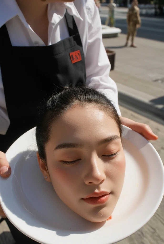  The cut off head of a beautiful actress is placed on a plate， and the end is in the hands of a waiter .  around her neck .  The cut off head has a black ponytail hairstyle , , she has a dot ,  she closes her eyes .   the nostrils are very large, When I inhale   ，  blush ,  a small nose ring , and natural makeup.  The severed head shows all the details of her real face , Not a hint of a smile,  gives the feeling that she is immersed in thought ,Instead of being lifeless, Everything is against the background of daylight.