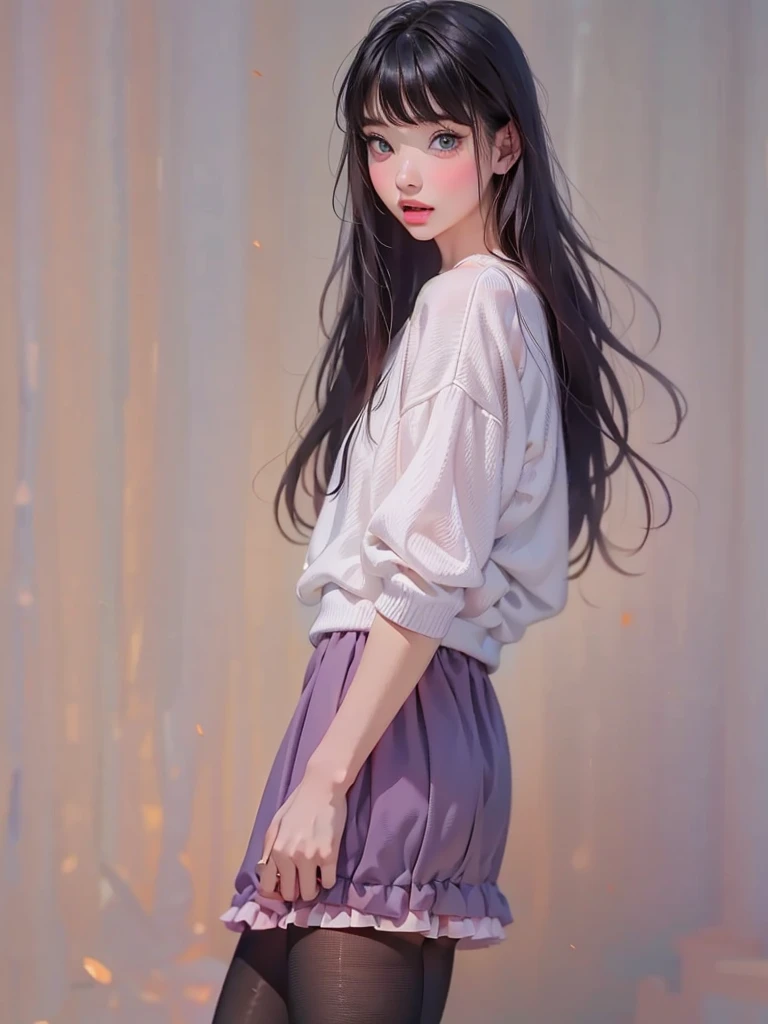 Hyper-realistic,photorealistic,a beautiful young girl, 歳、detailed face, 厚い唇、つやつやした唇,口を少し開く、long black hair, オフショルダーwhite sweater mini dress, black tights,black heels, super high definition painting