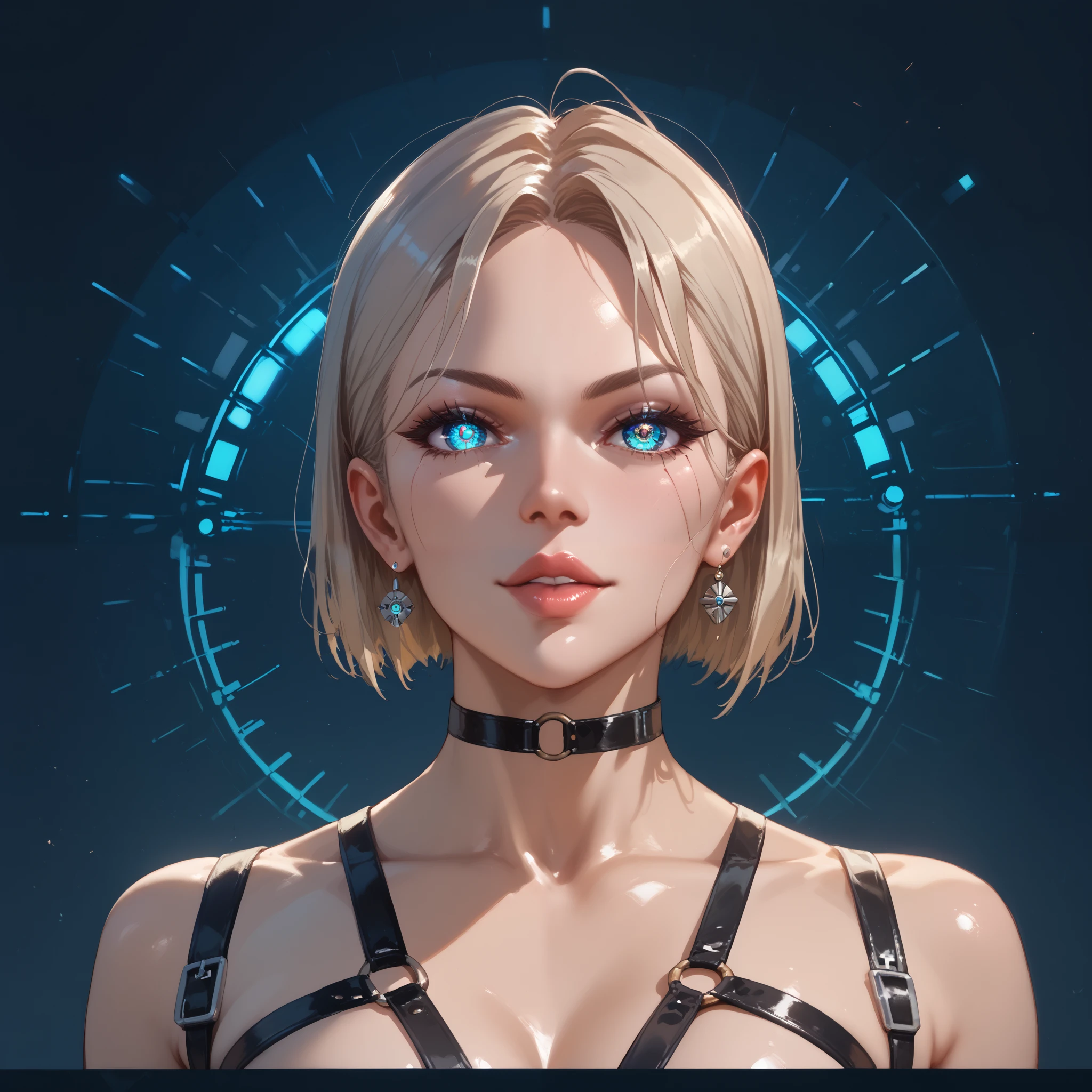  portrait of a cyber girl with implants, mechanical eyes ,  with a harness and an interesting background  