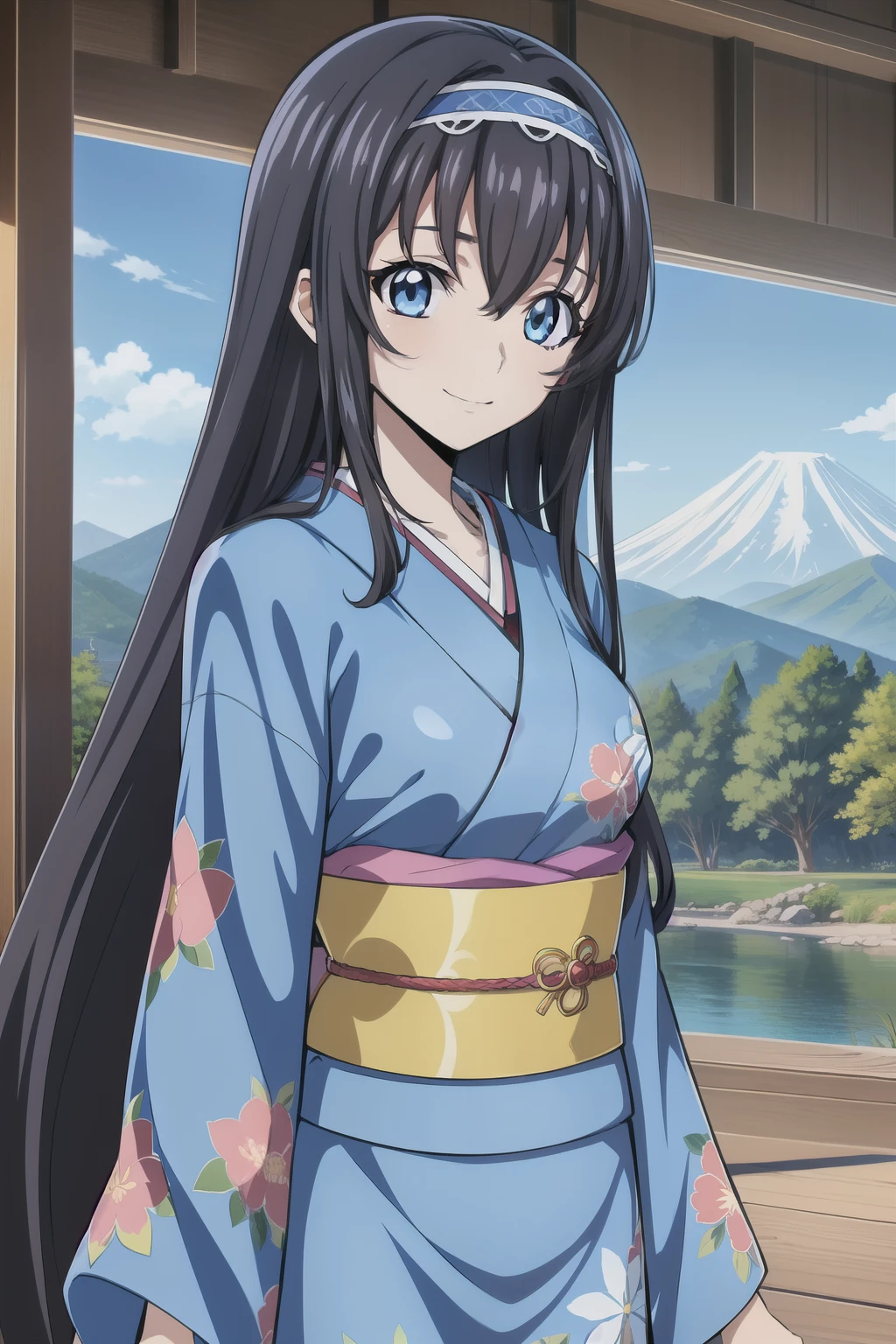 from side, 1 girl, cute, black hair, long hair,1girl, ((sky blue kimono)), ((floral print)), long sleeves, smile, hair band, waving,   (anime cels style, Masterpiece, best quality, high resolution, anime colored, anime style, anime sharp, 8k), (beautiful blue eyes:1.5), (perfect detailed anatomy, perfect hand, beautiful face, perfect body, shiny skin), Fuji mountain in the background