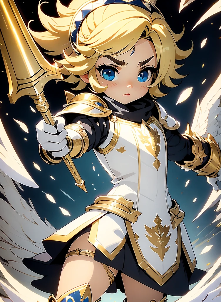 ksbt, A vibrant chibi-style illustration, Paladin, wearing white marble armor, white and gold trimmed, wielding hammer
