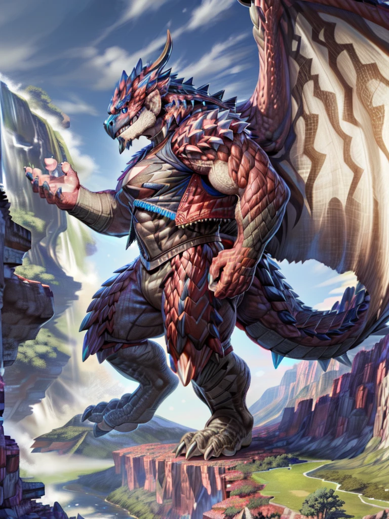 rathalos, anthro,(rathalos:1.2),tail,((full body,blue eyes, red body,  red hand, yellow feet, blue face,4TOES,TAILS, Wings )),((horns)),muscular, nipples, map, (HOLDING MAP),waterfall, 
sharp teeth, spikes, detailed hands, TRAVELER ,spikes, DETAILED FEET, ((rucksack, Long sword katana on the back)), ((travel clothing, hunter armor, vest, )), background(Monster Hunter Ancestral Steppe)
(by null-ghost,by raccoon21,masterpiece, high quality), (Massiv:8.0, ( heavyweight ,stark,Macro, accentuate the huge size))