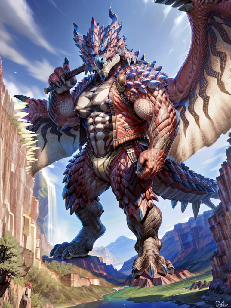 rathalos, anthro,(rathalos:1.2),tail,((full body,blue eyes, red body,  red hand, yellow feet, blue face,4TOES,TAILS, Wings )),((horns)),muscular, nipples, map, (HOLDING MAP),waterfall, 
sharp teeth, spikes, detailed hands, TRAVELER ,spikes, DETAILED FEET, ((rucksack, Long sword katana on the back)), ((travel clothing, hunter armor, vest, )), background(Monster Hunter Ancestral Steppe)
(by null-ghost,by raccoon21,masterpiece, high quality), (Massiv:8.0, ( heavyweight ,stark,Macro, accentuate the huge size))