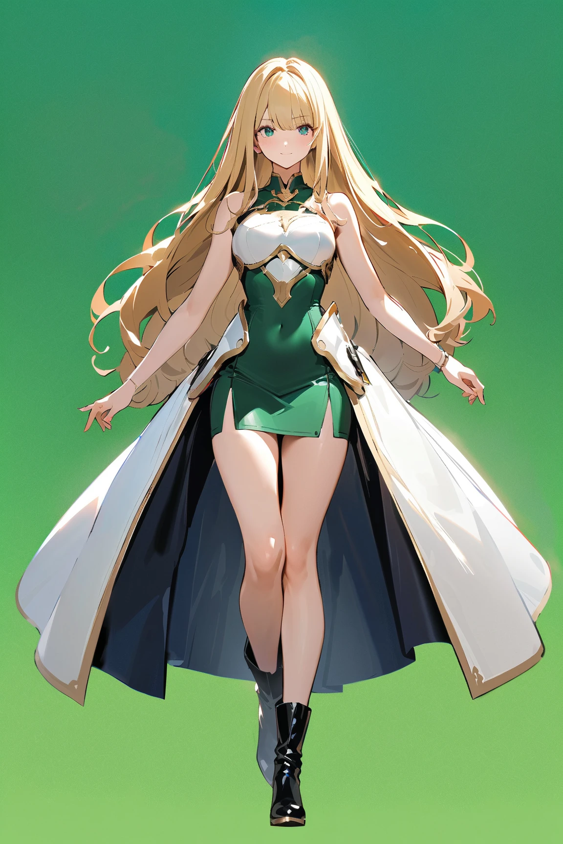 high quality, 8k quality, ultra detail, 1girl, Makeup, highest quality, long blonde straight hair, emerald green eyes, high heel sandals, white dress, standing pose, full body shot, bare legs
