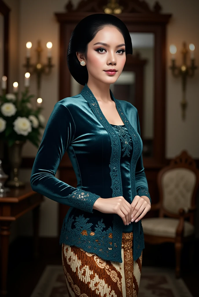 a beautiful young beautiful woman in an indoor setting. She is wearing an intricate dark blue glossy satin kebaya with lace embroidery patterns along the front and sleeves, paired with a traditional brown and cream batik thigh skirt with complex floral and geometric designs. Her hair is styled in a neat and polished low bun with a center part, and she has a calm. The background consists of a luxury room atmosphere. The overall image has realistic detailing, soft shadows, and vibrant color contrast.
