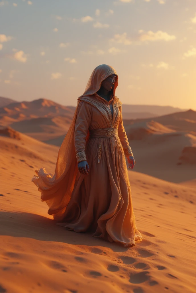 (best quality, 128k, highres, masterpiece:1.2), ultra-detailed, (realistic, photorealistic, photo-realistic:1.37), ((masterpiece)) ((photography)) ((Highest quality)) In the vast expanse of the Sahara, a dark goddess reigns, her robe blending seamlessly with the sand dunes. Her face is always hidden, shrouded in mystery. The winds and sand obey her command, and she wields their magic with effortless mastery. The legend warns that anyone who crosses her path, unprepared, may vanish into the emptiness of the desert. Beware of meeting her.